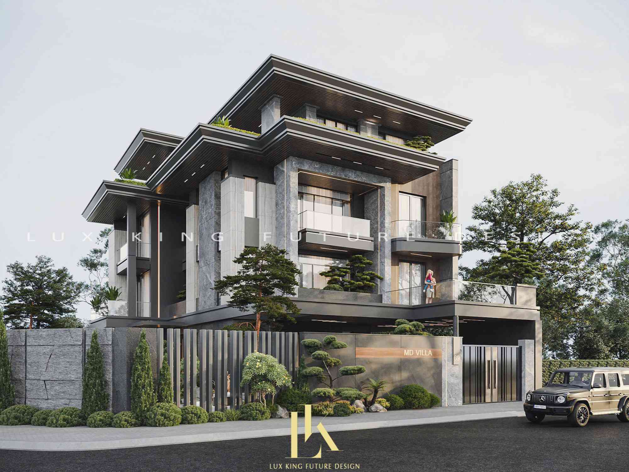 Biệt thự villa 3 tầng hiện đại nổi bật với kiểu mái bằng giật cấp