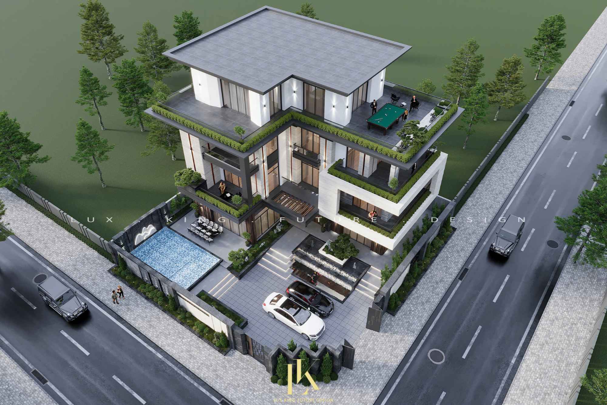 Công năng nội thất biệt thự 3 tầng 1 tum chữ L có sân vườn, hồ bơi