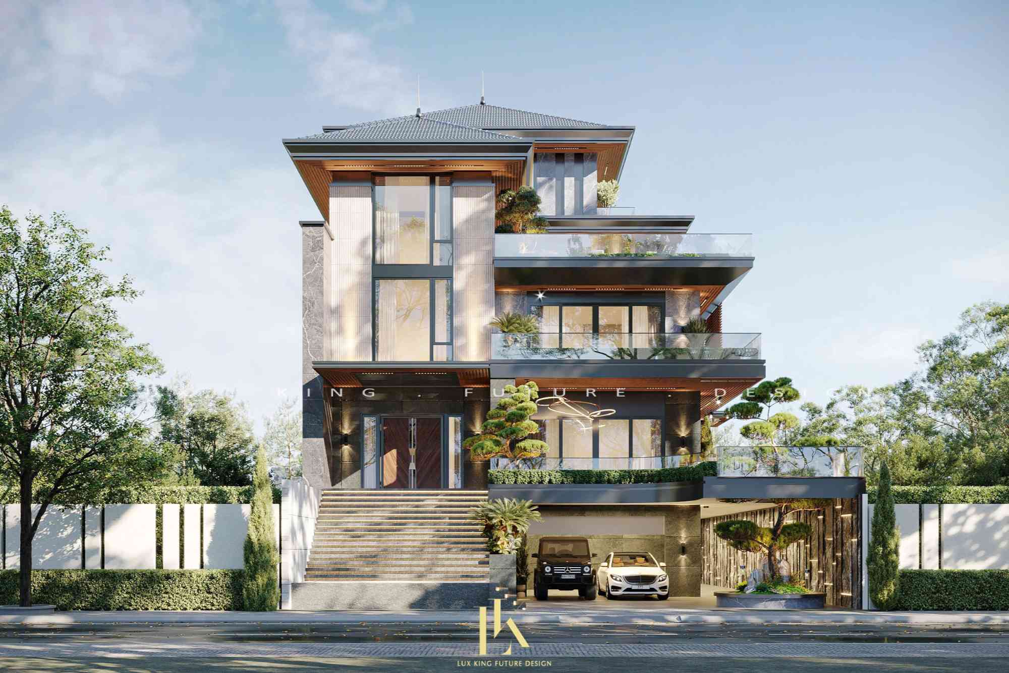 Bố trí mặt tiền biệt thự 1 trệt 3 tầng hiện đại mái Nhật khoa học, tiện nghi