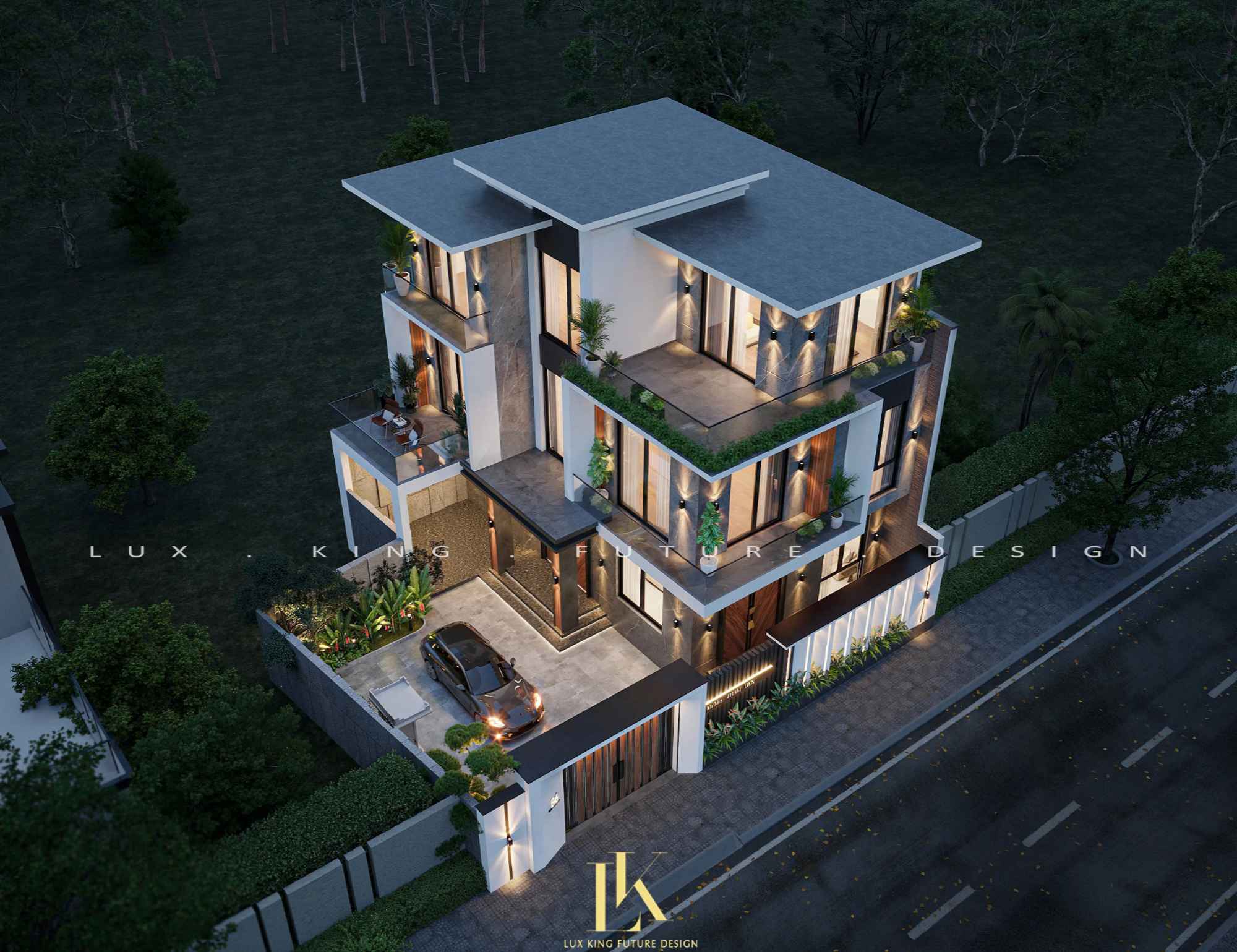 Khối mái bằng phẳng tăng tính hiện đại cho biệt thự villa 3 tầng