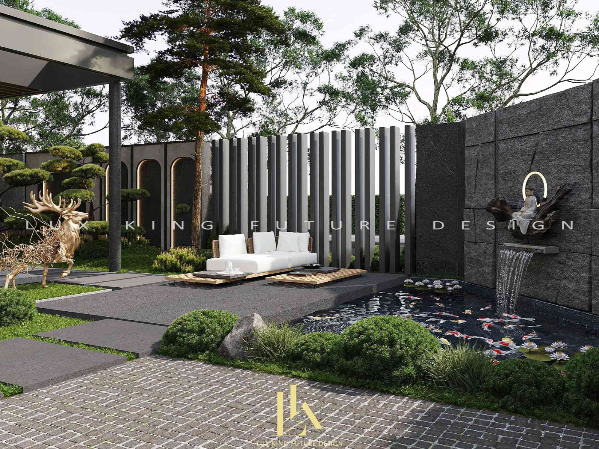 Khu vực trà đạo bố trí bên cạnh tiểu cảnh hồ cá Koi