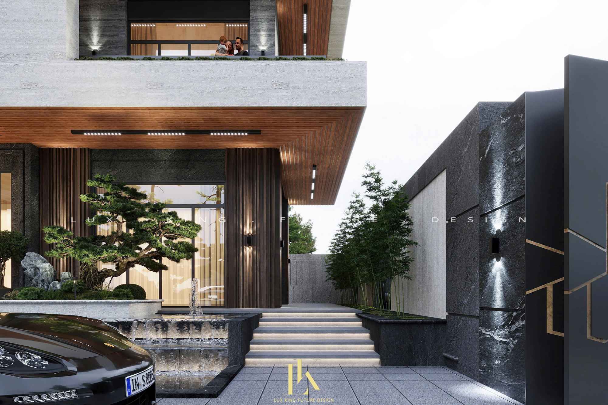 Lối đi vào biệt thự 3 tầng 1 tum chữ L rộng rãi