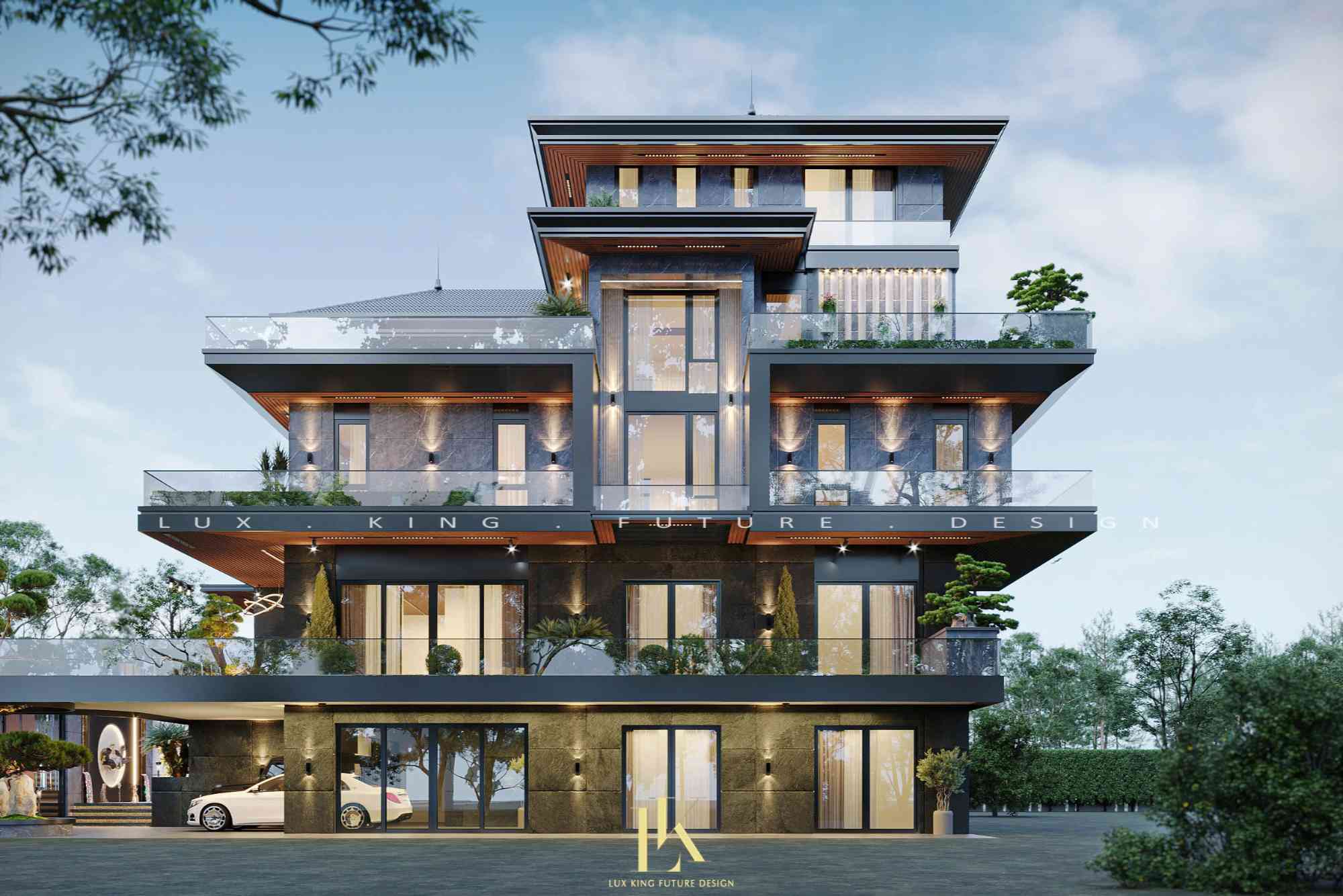 Phối cảnh mặt phải biệt thự 1 trệt 3 tầng hiện đại mái Nhật