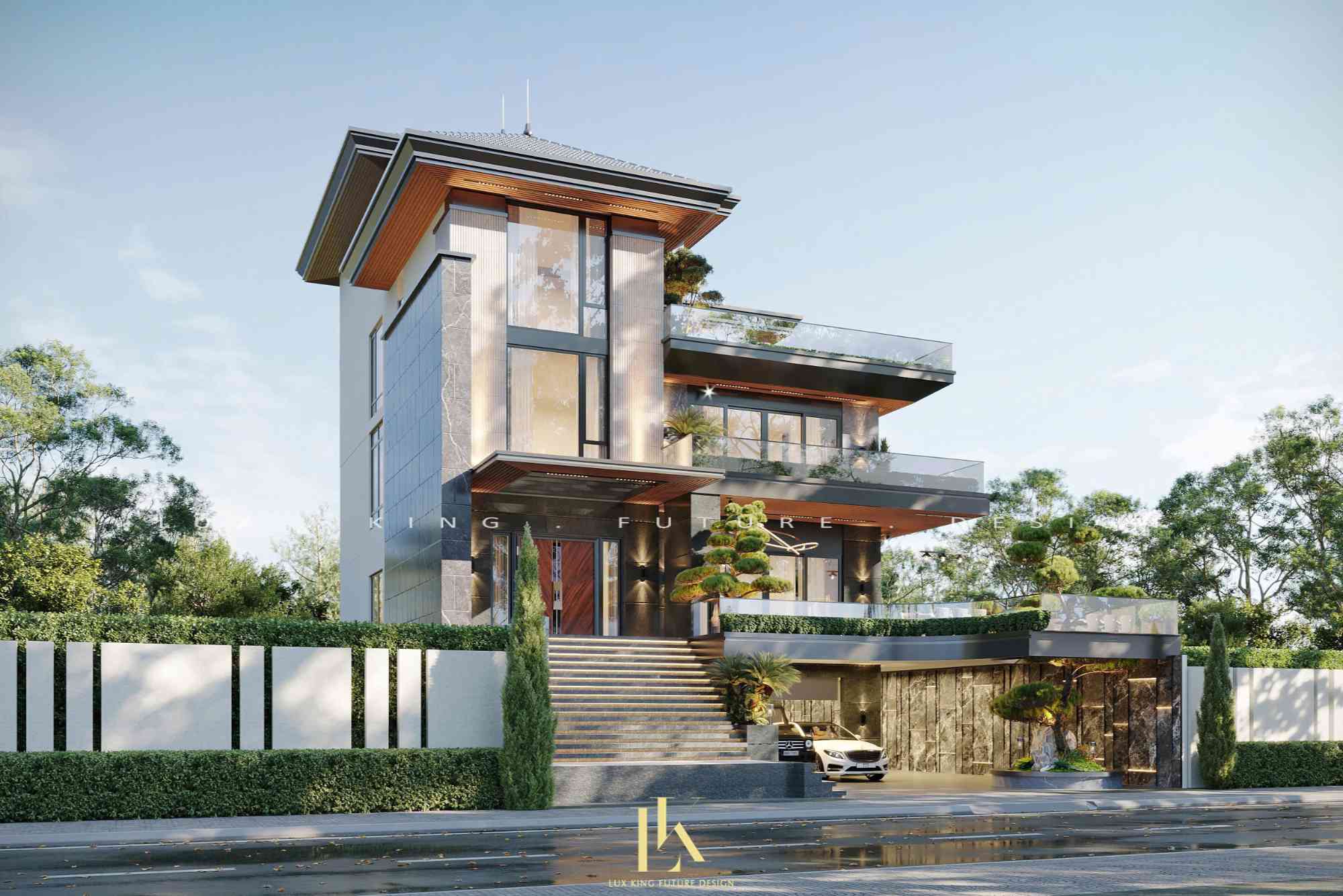 Thiết kế kiến trúc cửa chính biệt thự 1 trệt 3 tầng hiện đại với chất liệu cao cấp