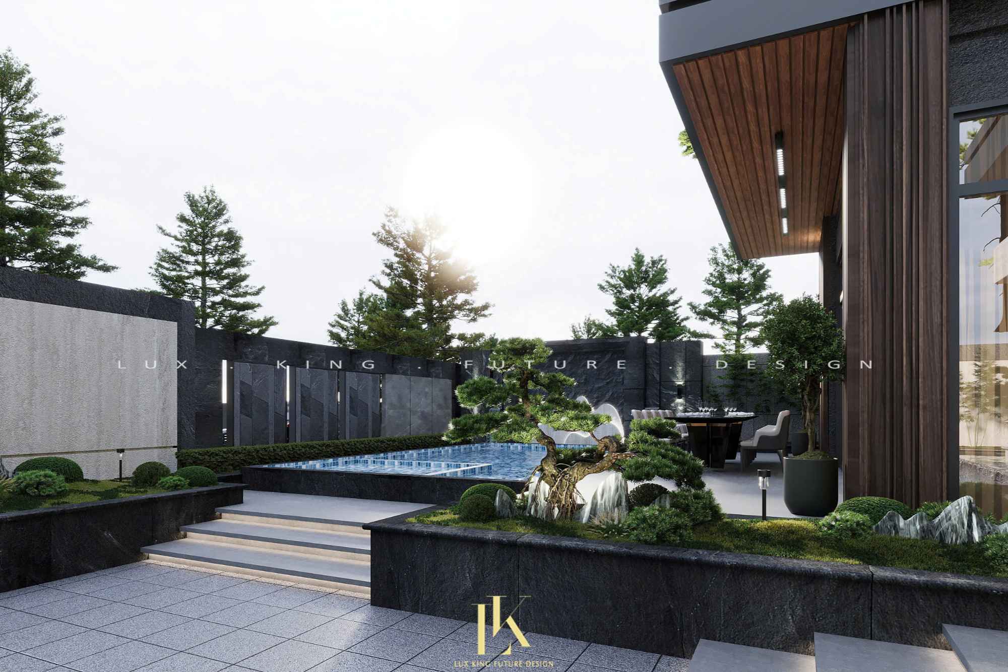 Thiết kế kiến trúc hồ bơi sang trọng cho biệt thự 3 tầng 1 tum chữ L