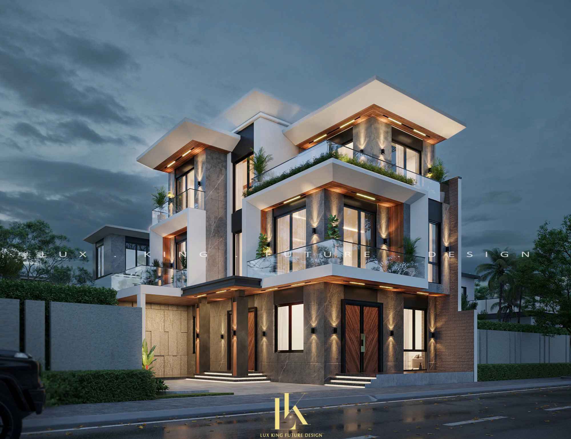 Thiết kế tường, trần tỉ mỉ cho biệt thự villa 3 tầng hiện đại