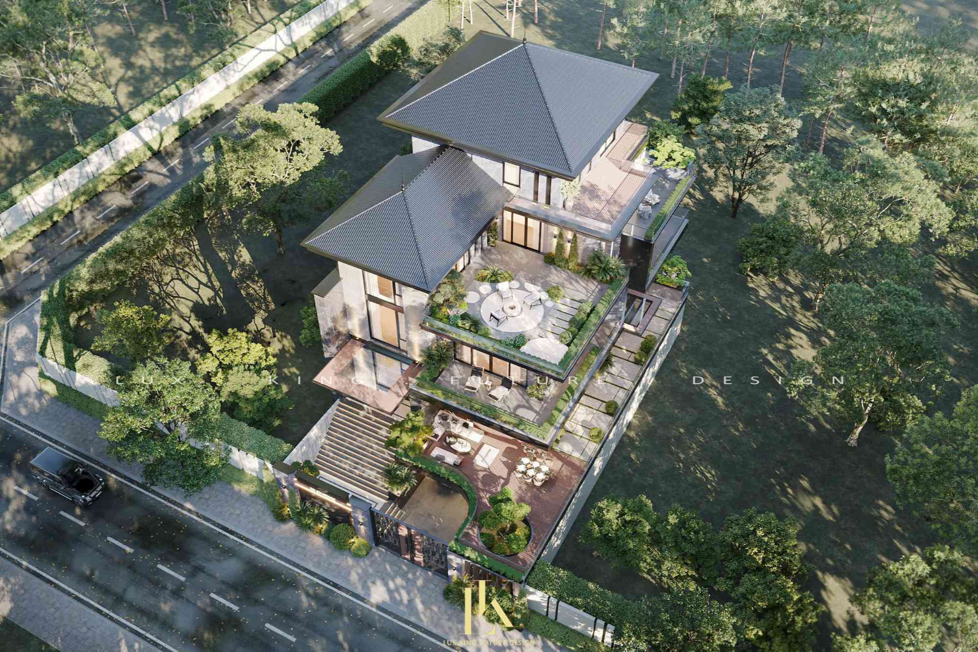 Tổng thể biệt thự 1 trệt 3 tầng hiện đại mái Nhật nhìn từ trên cao