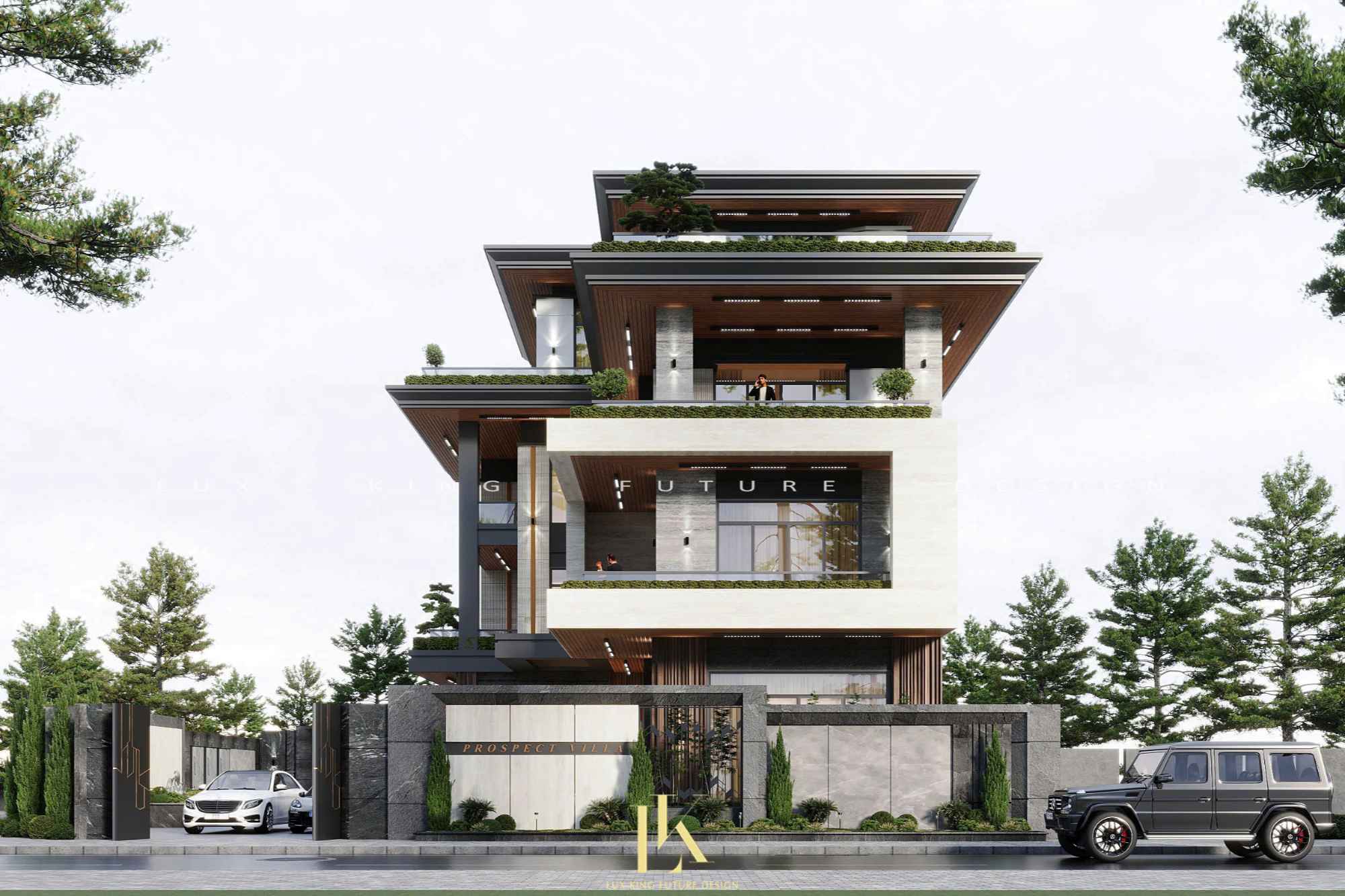 Tổng thể biệt thự 3 tầng 1 tum chữ L có sân vườn, hồ bơi