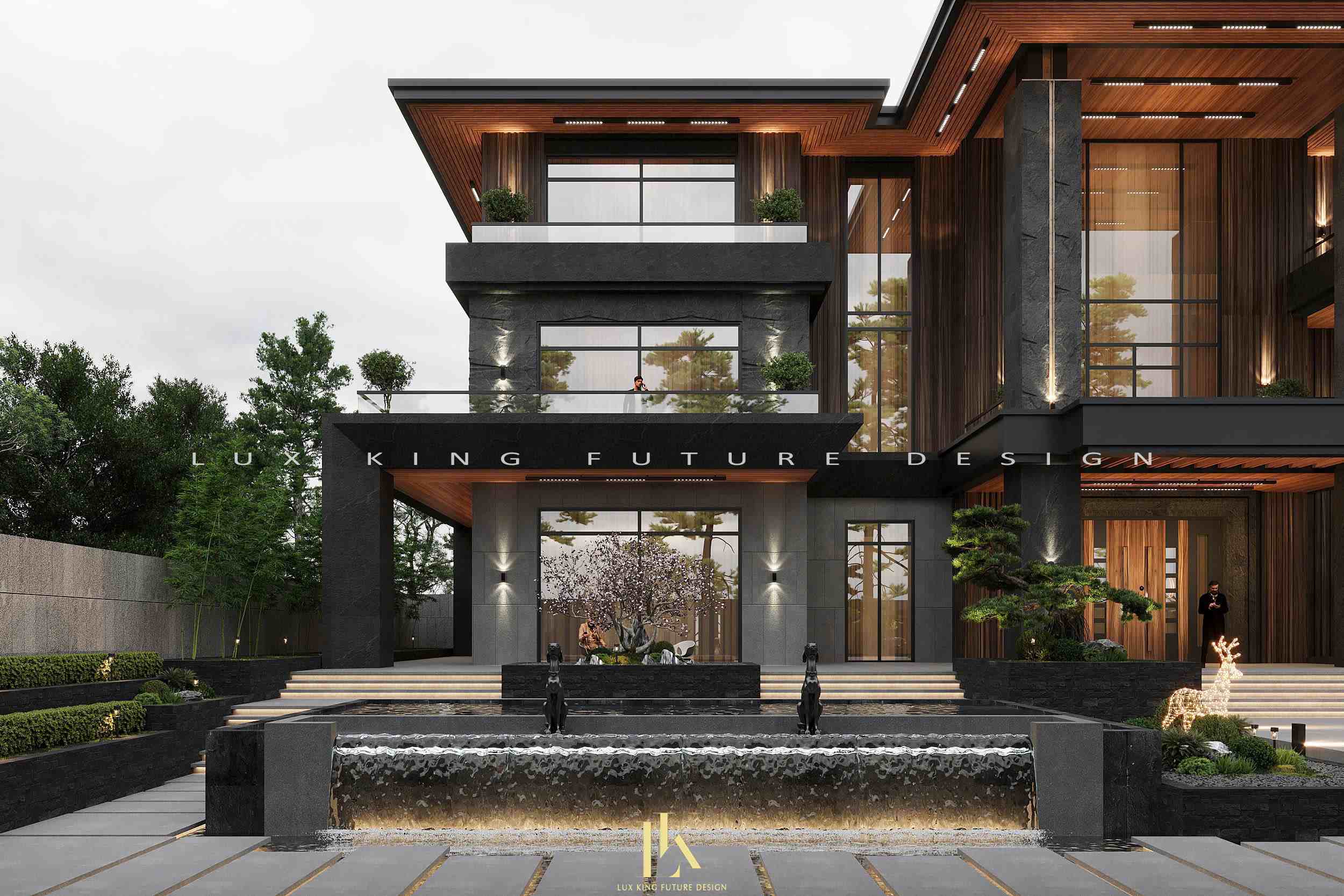 Biệt thự 3 tầng với sự kết hợp giữa đá granite đen, gỗ và kính cường lực khổ lớn