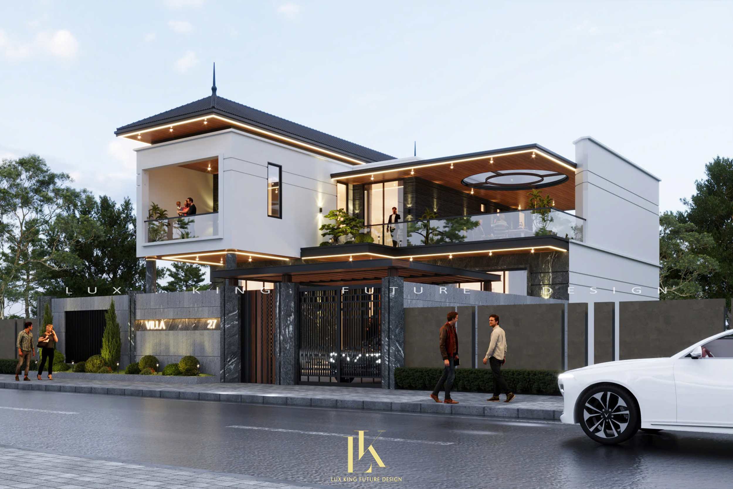 Cổng và hàng rào được thiết kế cùng tông màu và vật liệu với mặt tiền