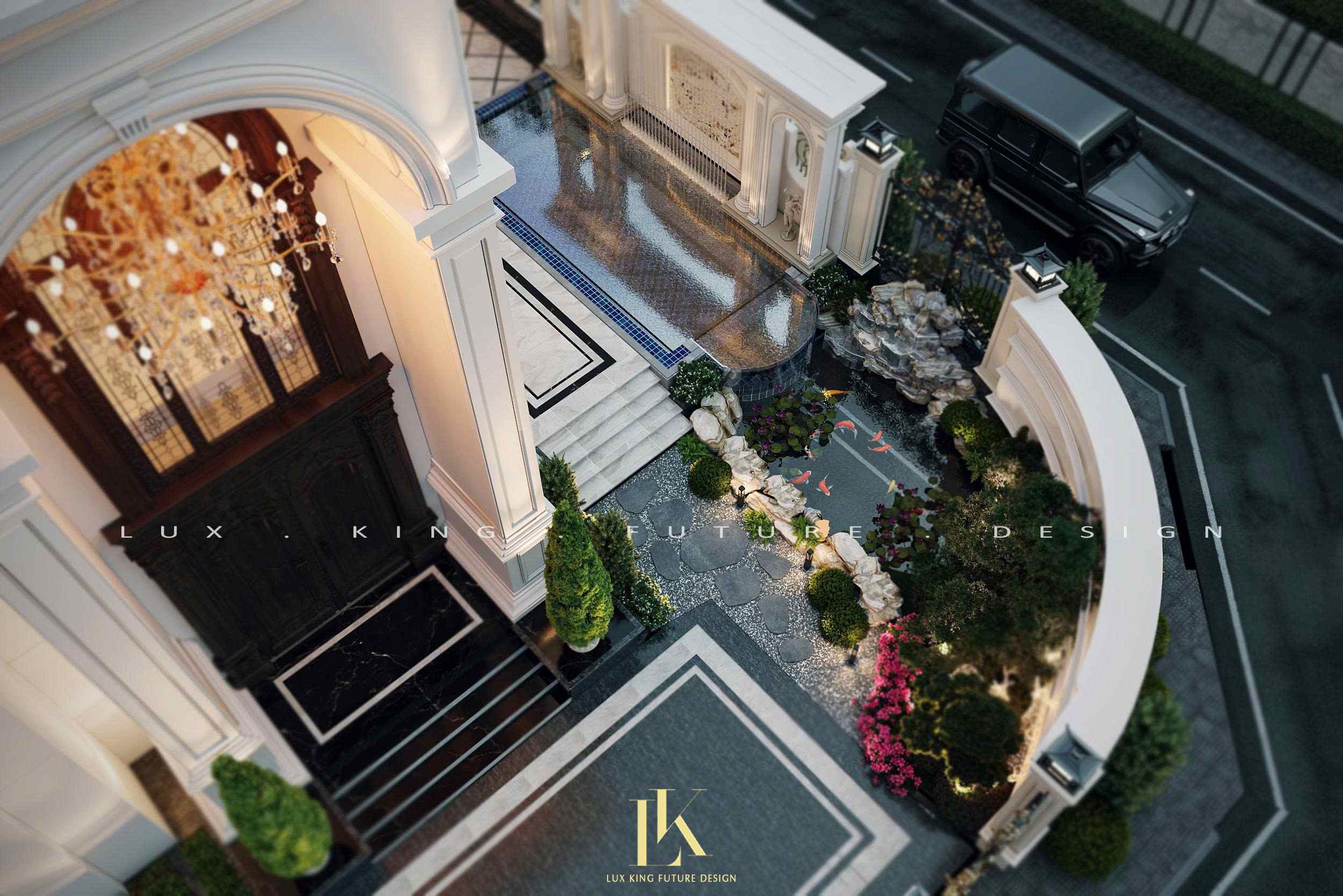 Không gian sân vườn được bố trí tinh tế với tiểu cảnh, đài phun nước