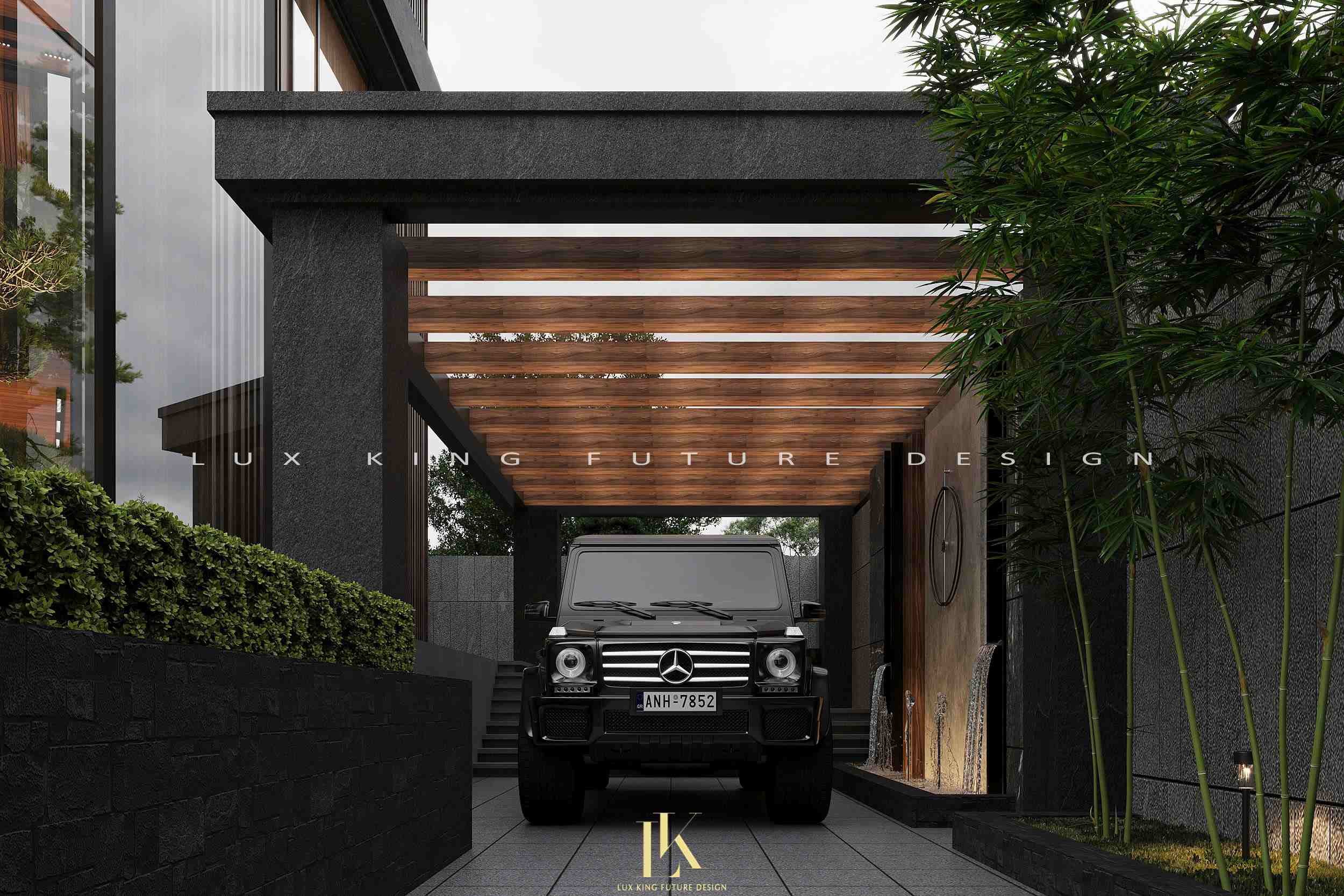 Khu vực gara đỗ ô tô đặt bên hông biệt thự