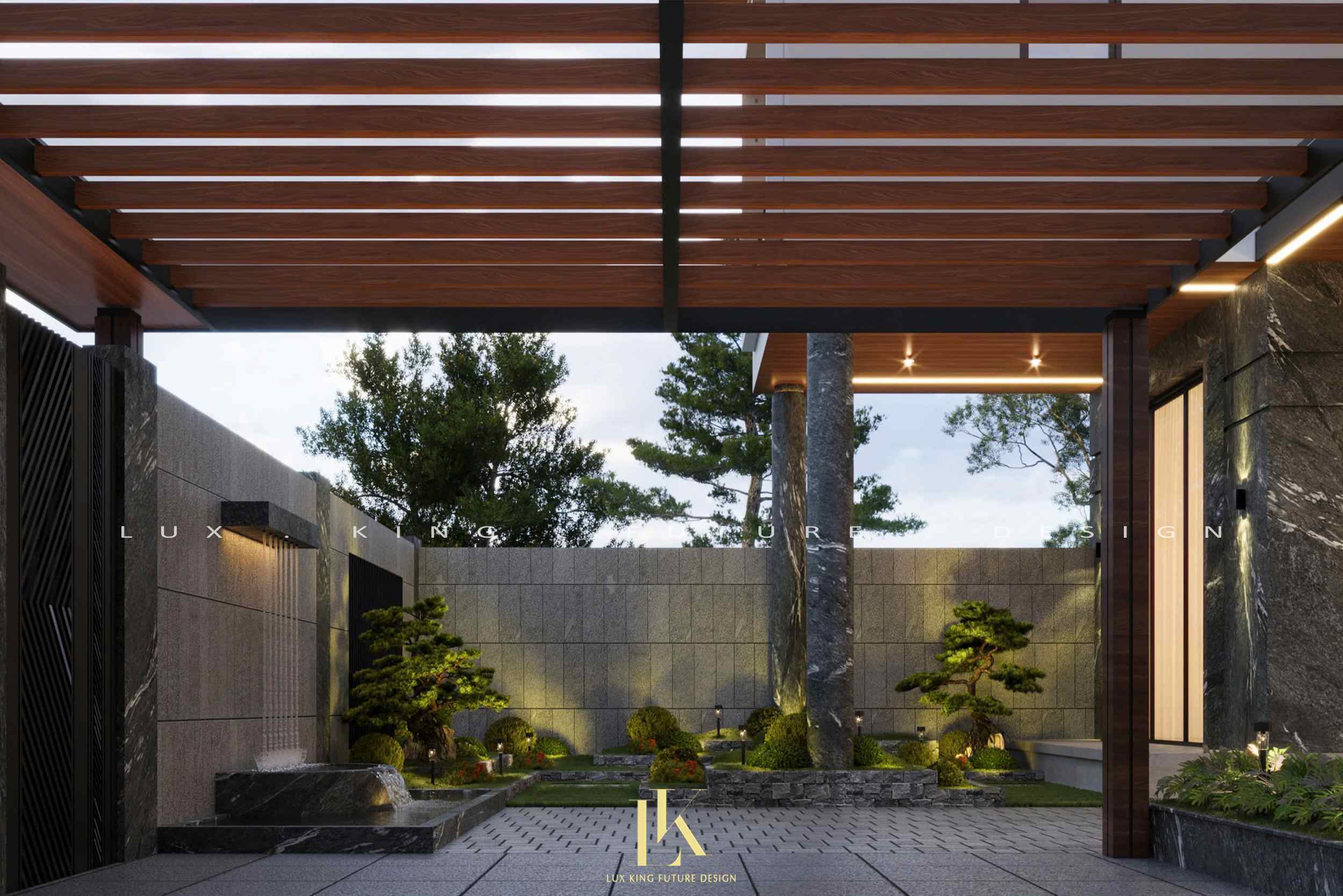 Nhà biệt thự 2 tầng hiện đại sử dụng đá ốp tự nhiên, lam nhôm và kính cường lực