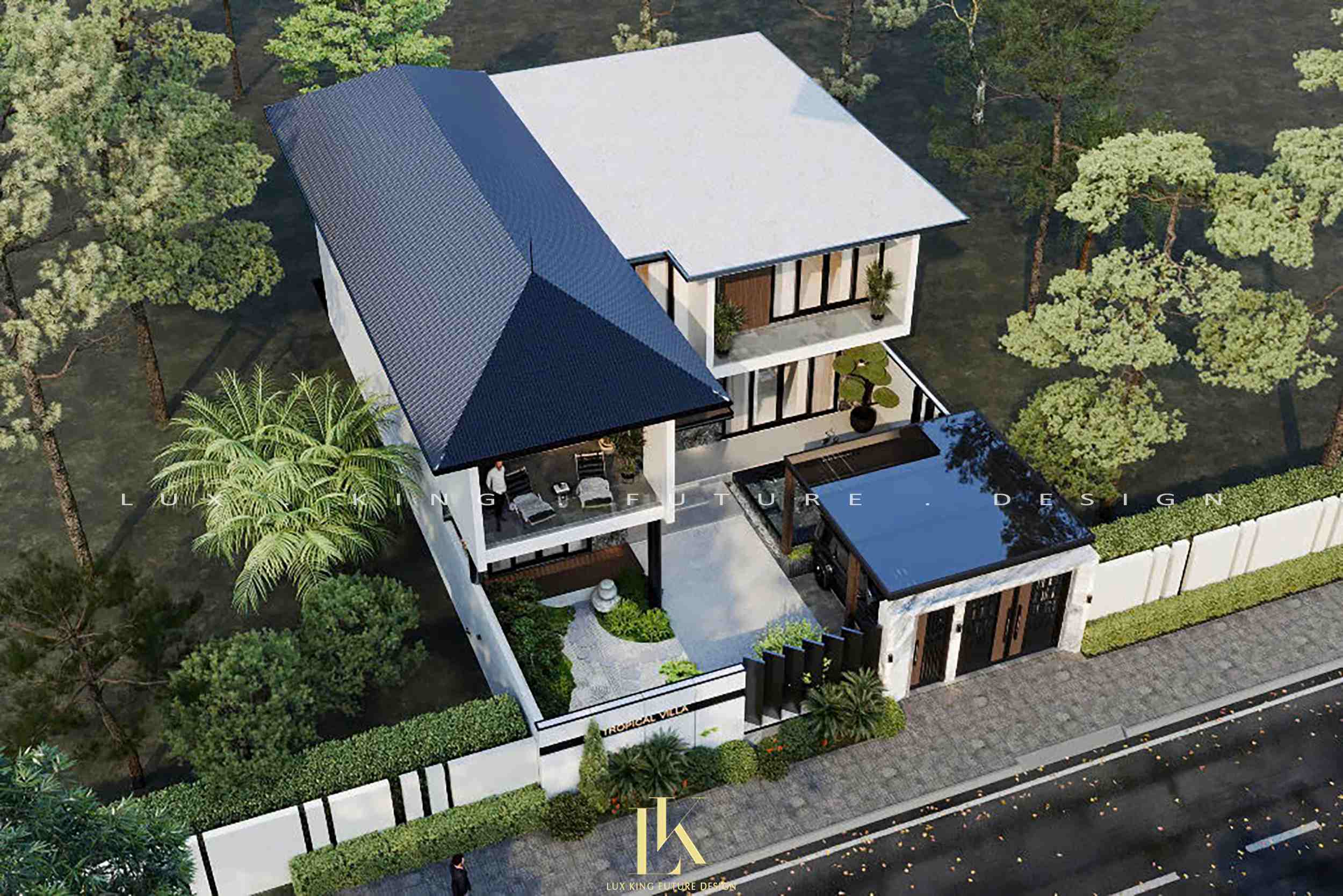 Phần mái nhà 2 tầng được thiết kế cân xứng, mở rộng nhẹ sang hai bên